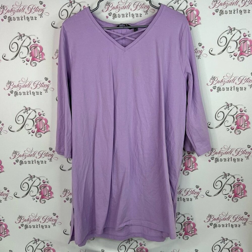 Ulla Popken long sleeve corset lace up detail front purple Lilac V-Neck Tunic